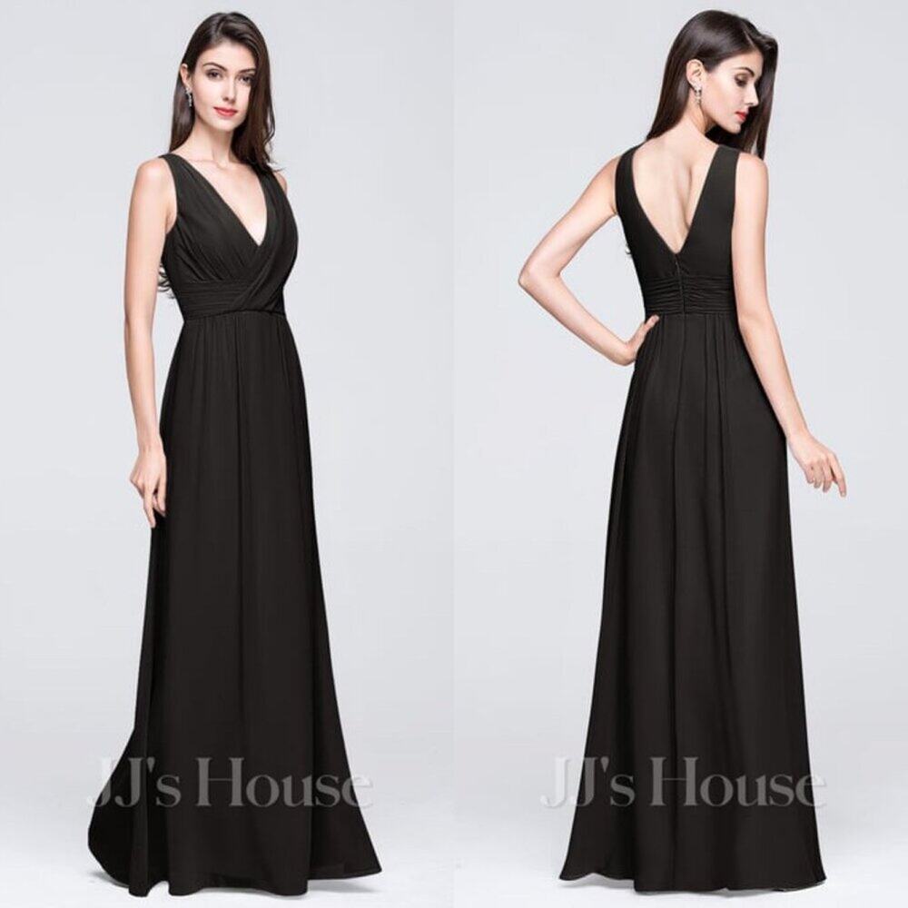 NWT JJ’s House Black Sleeveless Chiffon Bridesmaid Dress Size 8 V-Neck Ruching